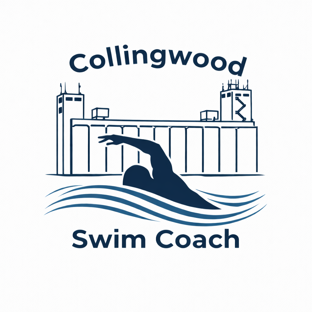 Collingwood Swim Coach Logo. Open water swimmer in front of terminals.